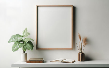 Empty picture frame, wooden frame, on a white house wall