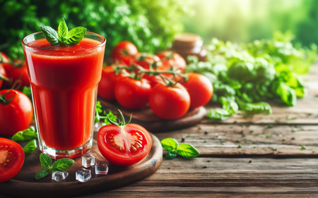 Tomato juice on wooden background blurred tomato garden backgroundの写真素材