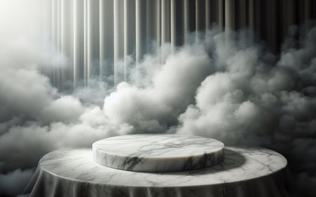 marble circle podium curtain background Full of smoke in product photography studioの写真素材