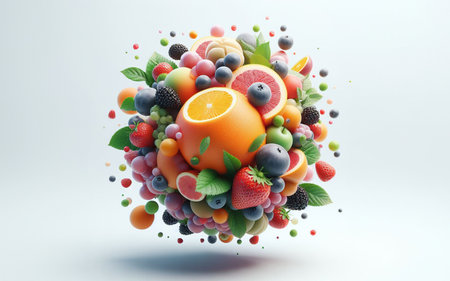 There are many fruits in the fertile air. Many advertising concepts for fruit flavored drinksの写真素材