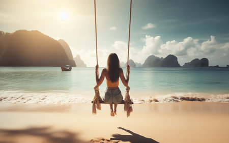 Woman sitting on a swing by the sea Summer sea tourismの写真素材