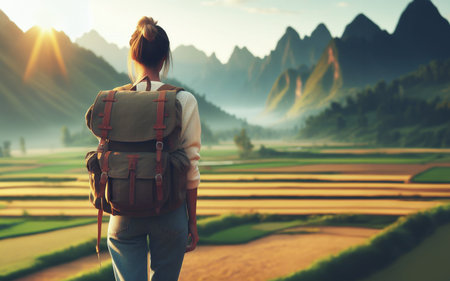 Woman carrying a backpack Travel to the remote countryside. Solo travel conceptの写真素材