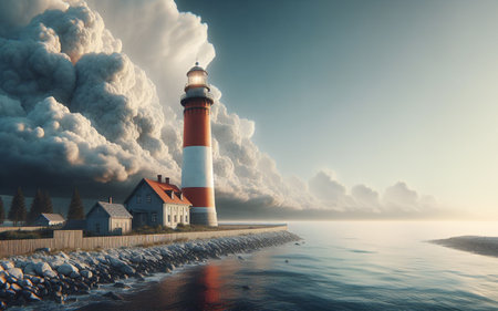 Lighthouse, seaside, sea coast during a cloudy dayの写真素材
