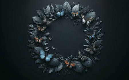 Frame surrounded by leaves, birds, flowers, decorated with dark tones of nature.の写真素材