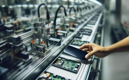 Smartphone manufacturing factory Modern belts and machineryの写真素材