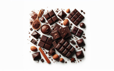 Chocolate bar and vanilla almond condiment, white background
