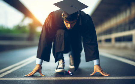 Graduates at graduation ceremony Prepare to start running at the starting point. start-up concept