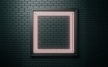 neon colored square frame on the old brick wall Picture frame on a brick wall