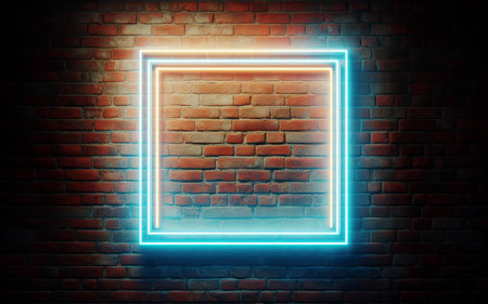 neon colored square frame on the old brick wall Picture frame on a brick wall