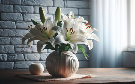 lilies in a vase old brick wall backgroundの写真素材