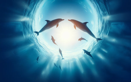 Dolphins leap out of the water. Sea surface. Fish jump out of the water. ocean sea surfaceの写真素材