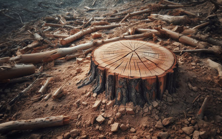 Stump The tree has been cut down, leaving just the stump. Destructive forest background. Cutting down trees. Deforestation.の写真素材