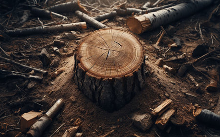 Stump The tree has been cut down, leaving just the stump. Destructive forest background. Cutting down trees. Deforestation.の写真素材