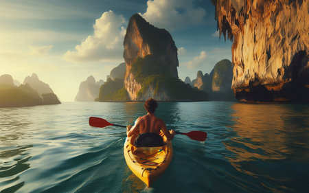 man paddling a canoe sea tourism in the Asian summerの写真素材
