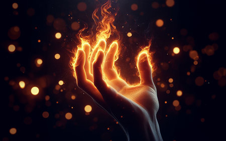 Hand with fire, fire burning on hand, black backgroundの写真素材