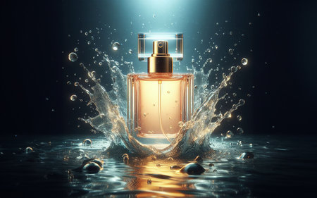 square bottle perfume Place on the surface of splashing water. water scattered dark backgroundの写真素材