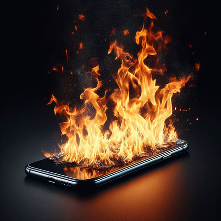 Smartphone catches fire Phone explodes, bursts into flames, black backgroundの写真素材