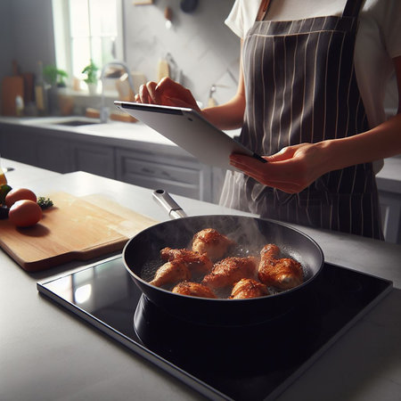 Woman cooking in the kitchen Open the cooking training tablet.