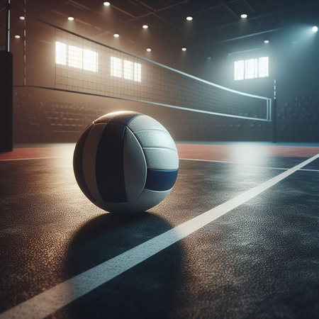 volleyball ball Placed on the volleyball court floor, dark tone.の写真素材