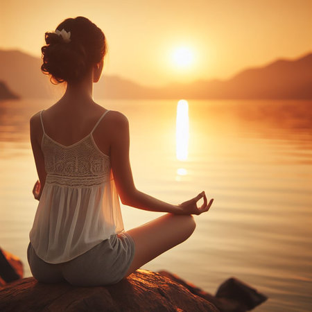 Woman meditating on the mountain Facing the seaの写真素材