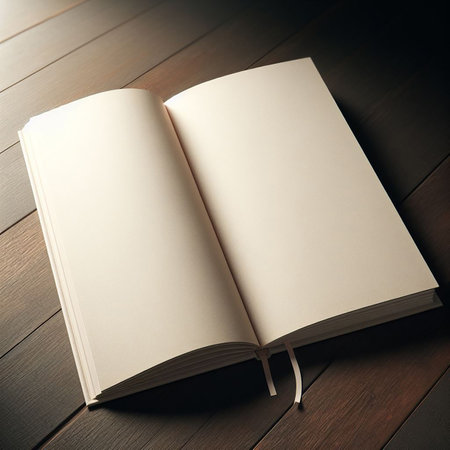 Old notebook open to middle page. Brown tone. Blank diary on wooden background.