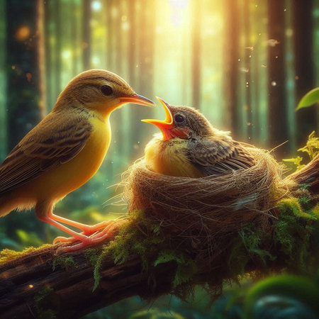 The mother bird feeds the baby birds in the nest.の写真素材