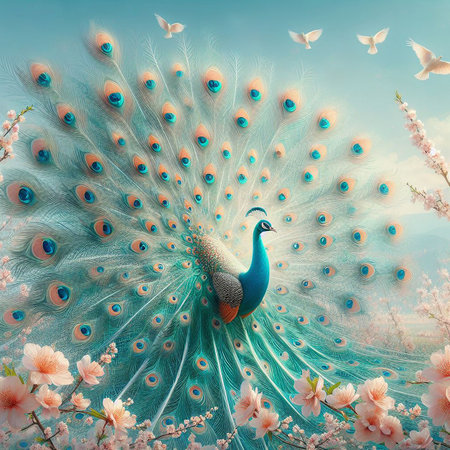 Peacock spreads its beautiful tailの写真素材