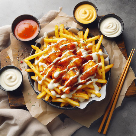 French fries with sour cream sauce, placed on a wooden floor, snackの写真素材