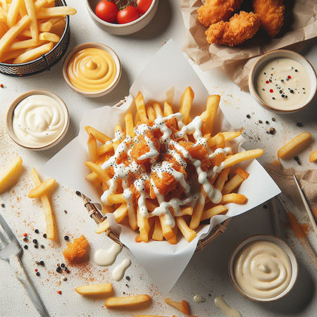 French fries with sour cream sauce, placed on a wooden floor, snackの写真素材