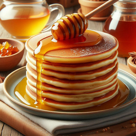 Pancakes topped with honey, on the dining table, snacksの写真素材