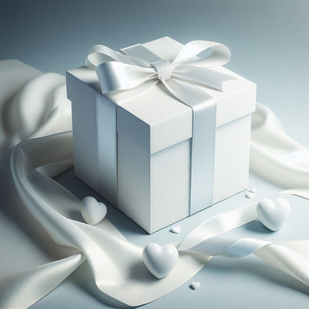 White gift box on shiny white clothの写真素材