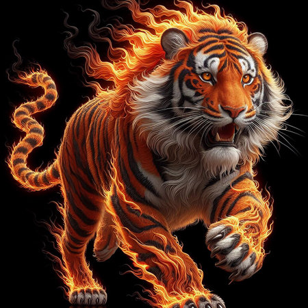 Running tiger, burning tiger, black backgroundの写真素材