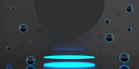 Circular glass podium, Circular stage, Circular podium base, clear glass backdrop 3D illustration