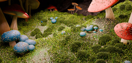 Red mushroom, close-up, small plant, mushroom tree, 3D illustration