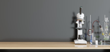 Laboratory, scientist work desk microscope 3D illustrationの写真素材