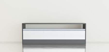 TV table in the middle of the room, TV shelf, empty room, 3D illustrationの写真素材
