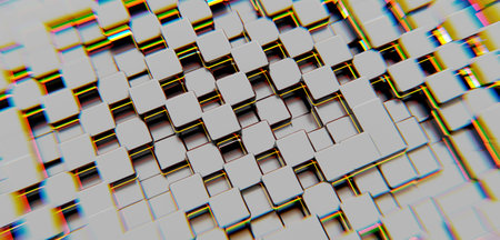 3D background with dark grey cubes outlined by bright orange neon lights. depth and modern, tech...