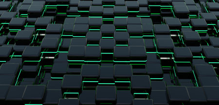 3D background with dark grey cubes outlined by bright orange neon lights. depth and modern, tech aesthetic digital , design projects.texture background technology square neon light textureの写真素材