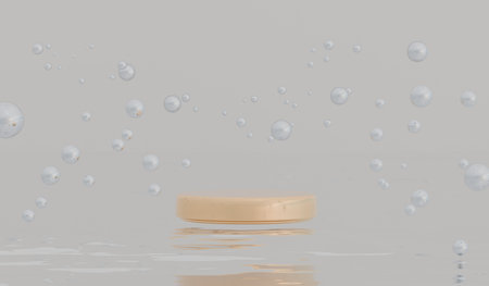 Circle podium, water surface, bubbles, 3D illustrationの写真素材