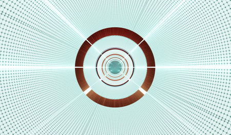 Neon circle tunnel, modern pipes, glowing walkway, technology showroom, podium, product...