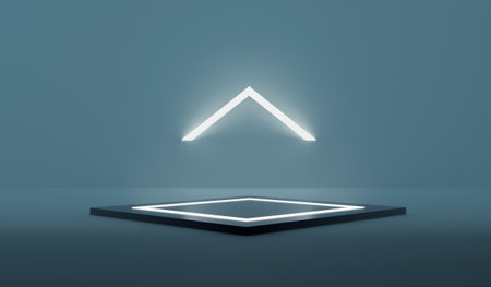 Technology podium, neon light, dark square podium, product presentation, dark digital scene, glowing spaceship corridor, black background, showroom, technology, future, modern, sci fi, 3d illustrationの写真素材