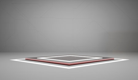 Technology podium, neon light, dark square podium, product presentation, dark digital scene, glowing spaceship corridor, black background, showroom, technology, future, modern, sci fi, 3d illustrationの写真素材
