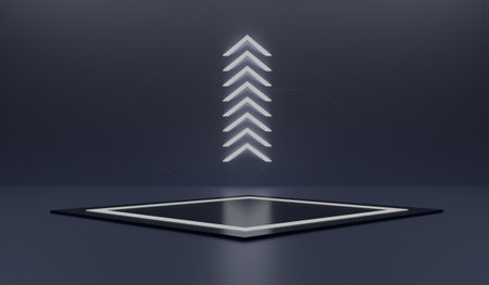 Technology Neon podium, Dark square podium, Product presentation, Dark digital scene, Glowing walkway, Showroom, Technology, Future, Modern, Sci Fi, 3D illustrationの写真素材