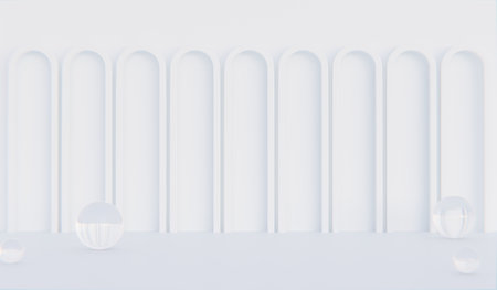 Geometric plinth with simple background and columns. Abstract studio room. Simple scene for cosmetic products, promotion, display, 3D rendering.の写真素材