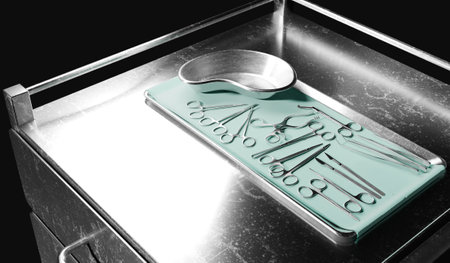 Surgical equipment on stainless steel table, surgical scissors, medical equipment 3D Illustration