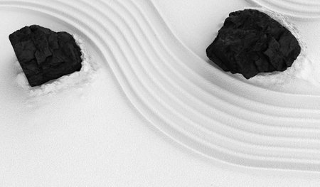 White sand texture with pattern, black stones on fine sand, Japanese ZEN style natural background, 3D illustration.の写真素材