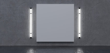 Inside a concrete exhibition hall with modern lighting and blank mock up banners. 3D rendering. Dark...