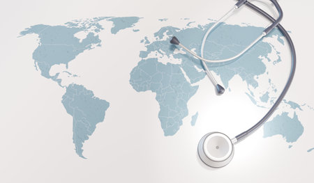 Health check stethoscope and world map. Global health and infectious disease concept. Medical...