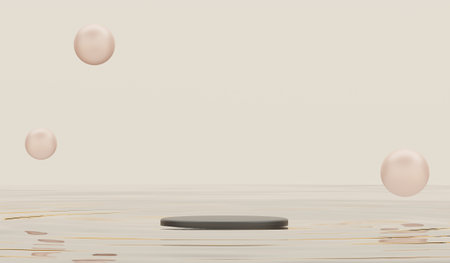 Round podium floating on the water surface, round base on water waves, 3D illustrationの写真素材