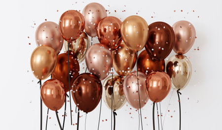 Balloons and confetti. Birthday party. New year background. Copy space. Background template with realistic balloons. With confetti ribbon frame and space for greeting text or invitation. 3D rendering festive background.の写真素材